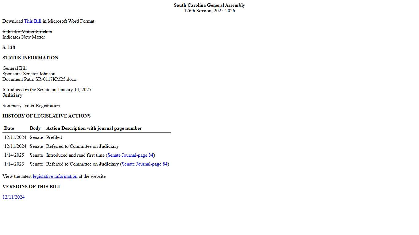 2025-2026 Bill 128: Voter Registration - South Carolina Legislature Online